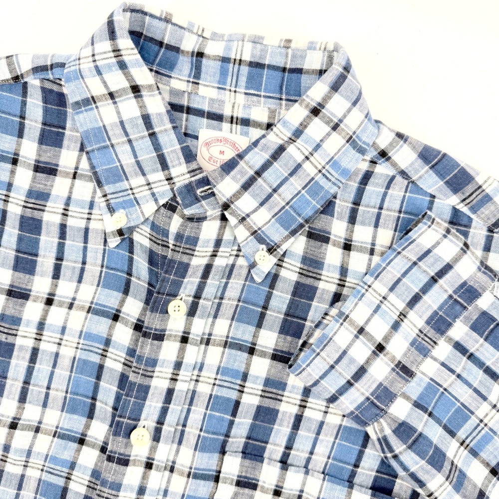 Brooks Brothers Plaid Shirt Mens Medium Blue Linen Blend Button Down Preppy